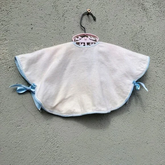 Vintage Baby Cape White Flannel with Blue Ribbon Trim Hand Embroidery - Picture 4 of 9